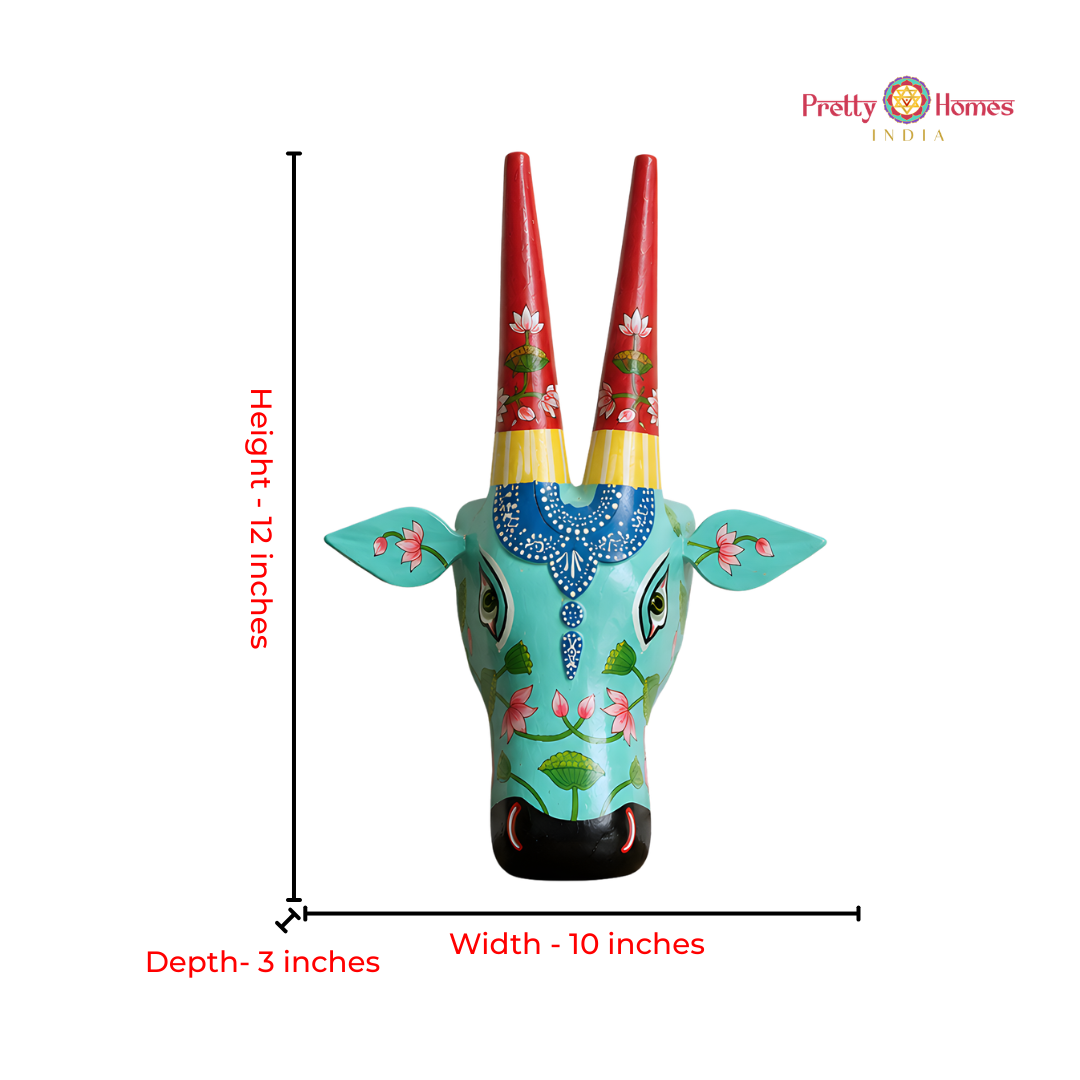 Blue & Red Hand-Painted Cow Head with Lotuses