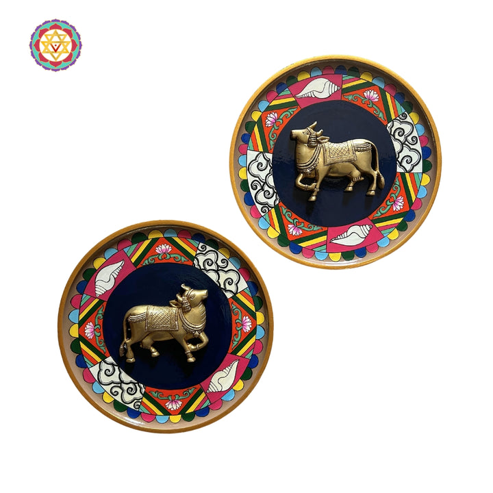 Brass cow on handpainted frame - (set of 2)