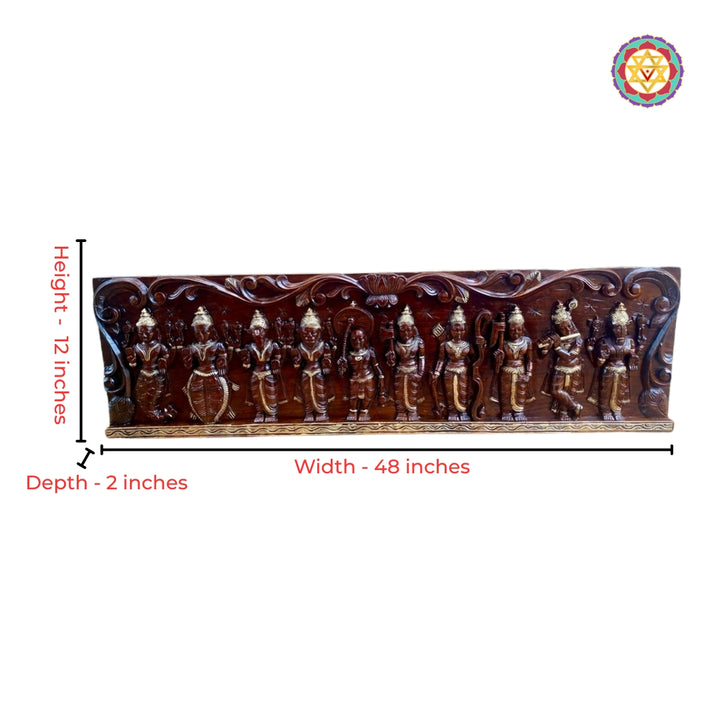 Close-up view of antique gold Vishnu carving with intricate temple detailing