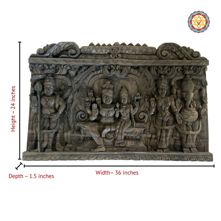 Hand carved teak wood Shiva Parivar horizontal wall panel traditional Indian spiritual home decor