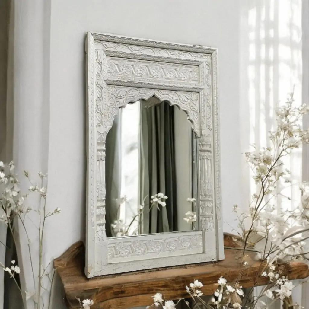 Side profile of Gulab Jharoka mirror — vintage Indian wall decor frame.