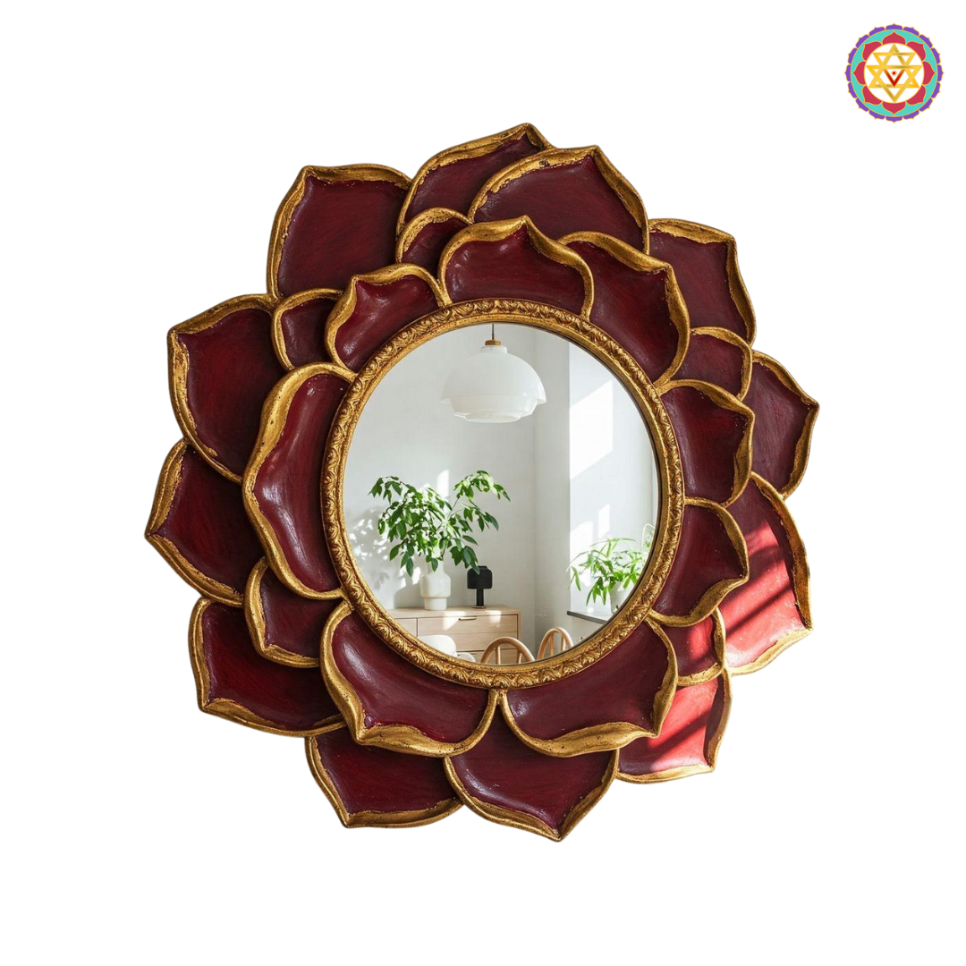Side angle of cherry pink lotus petal wooden mirror frame