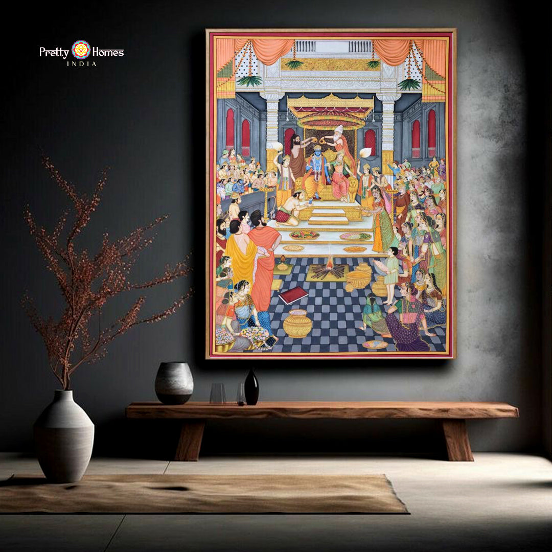 traditional pichwai art depicting ram sita lakshman and hanuman