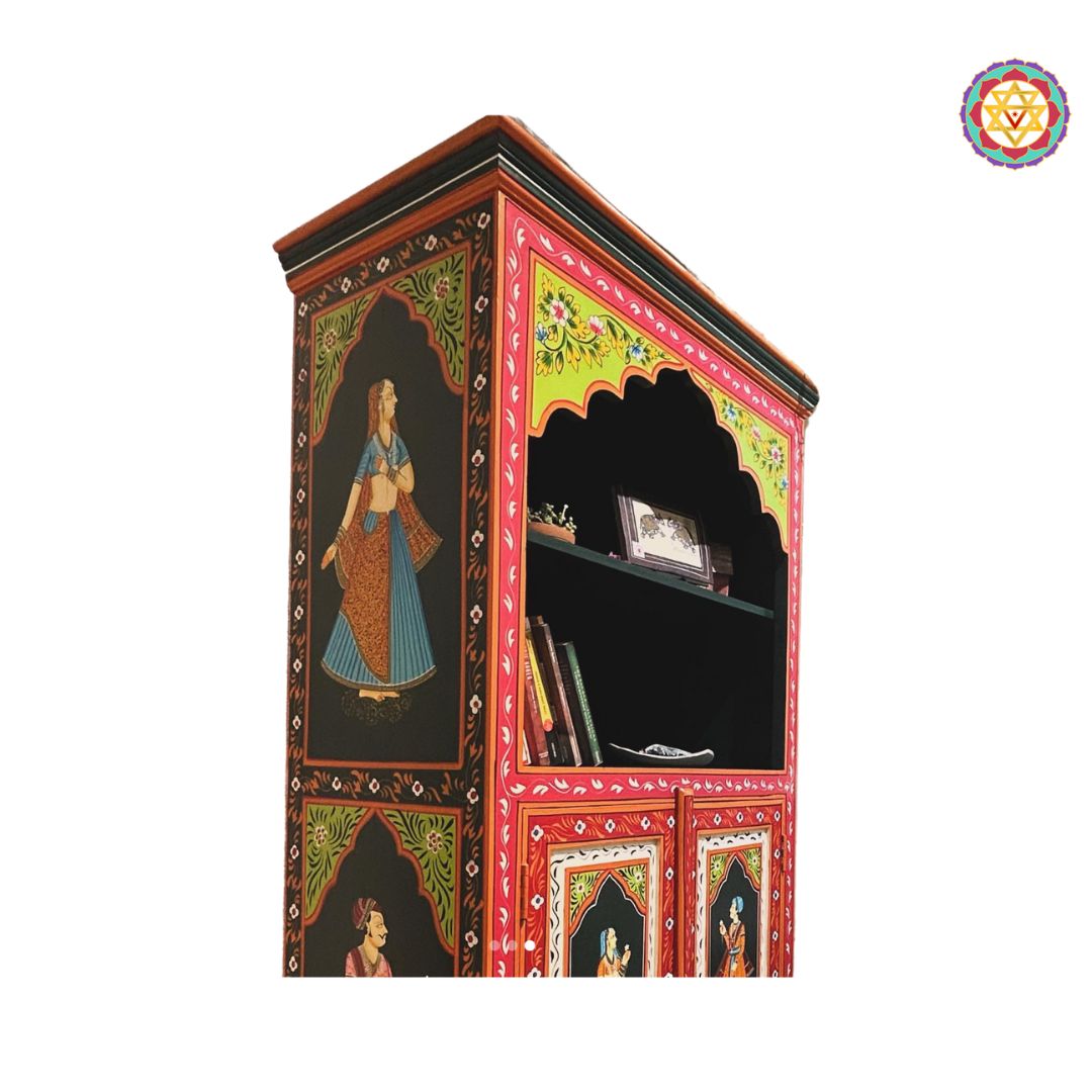 side view of bookshelf and display cabinet with traditional art
