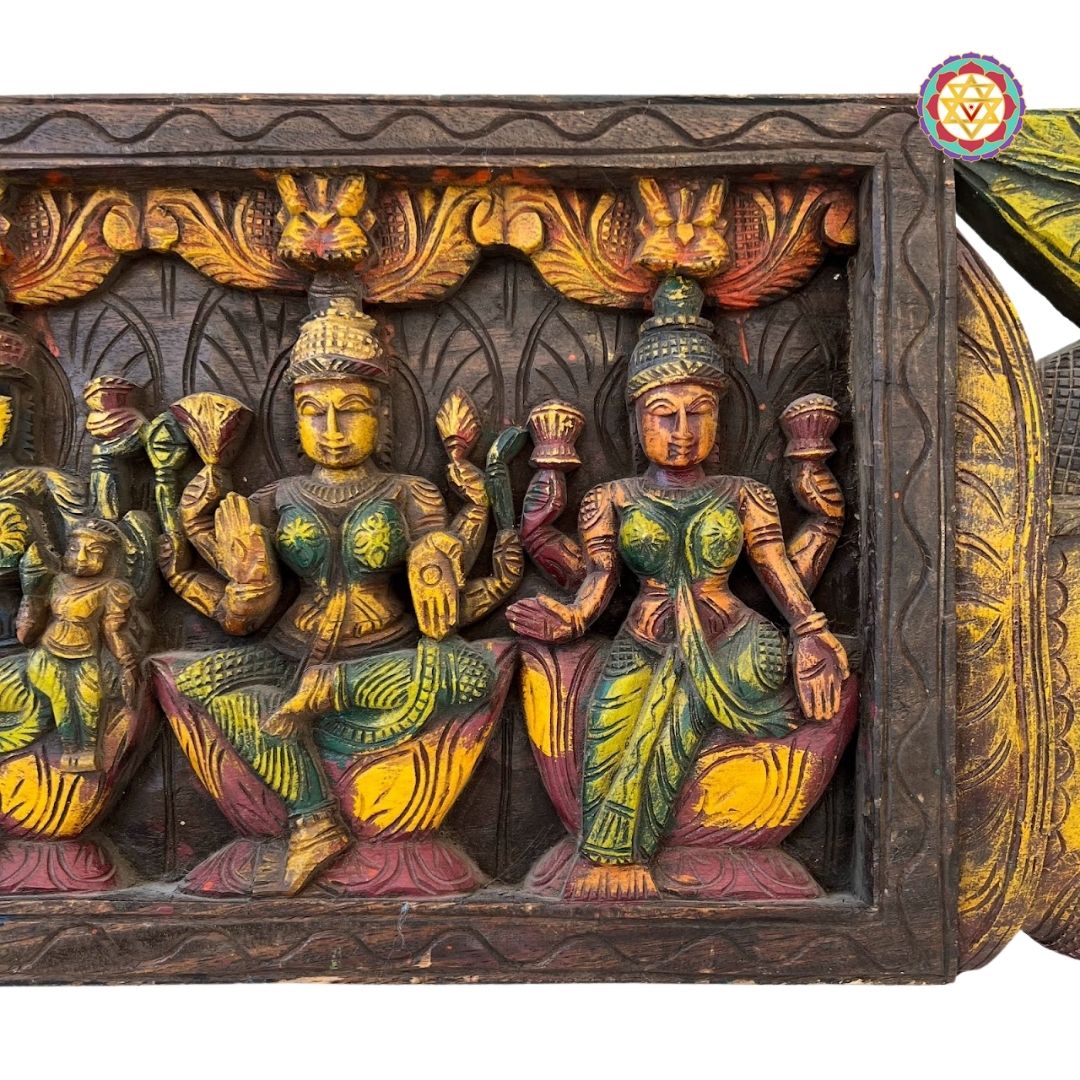 Intricately Carved Horizontal Ashtalakshmi Panel with Trunk-Up Elephants on Sides – Wall Mountable Divine Art
