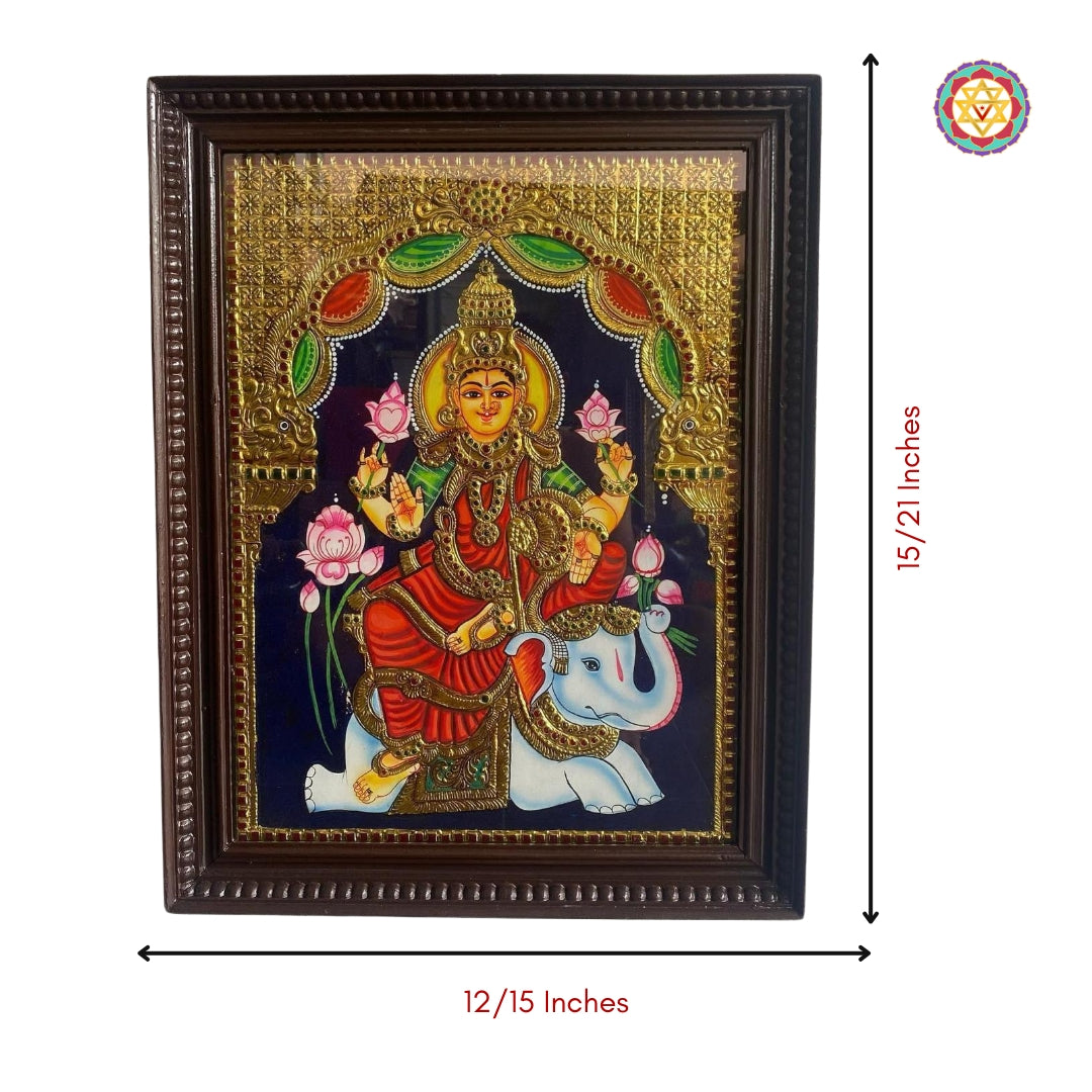 Antique-style Lakshmi with elephants painting framed for pooja decor