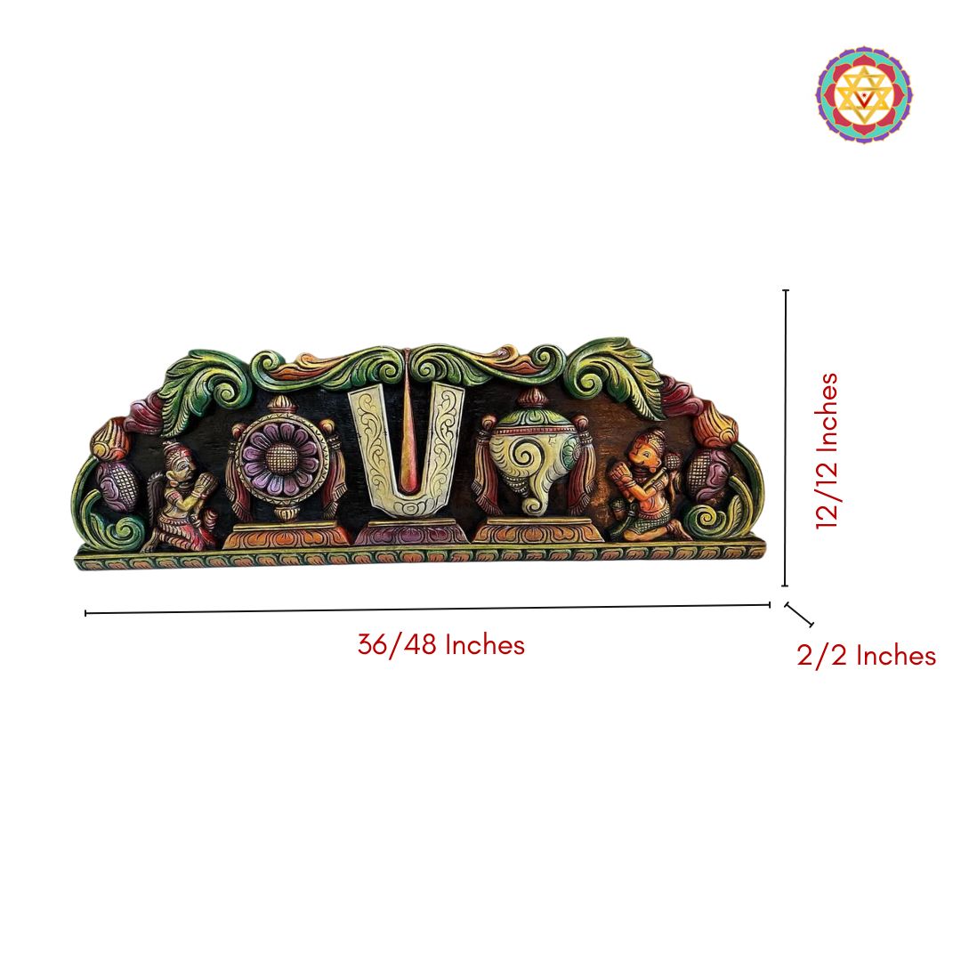 Dimension image of multicolour wooden panel with divine symbols

