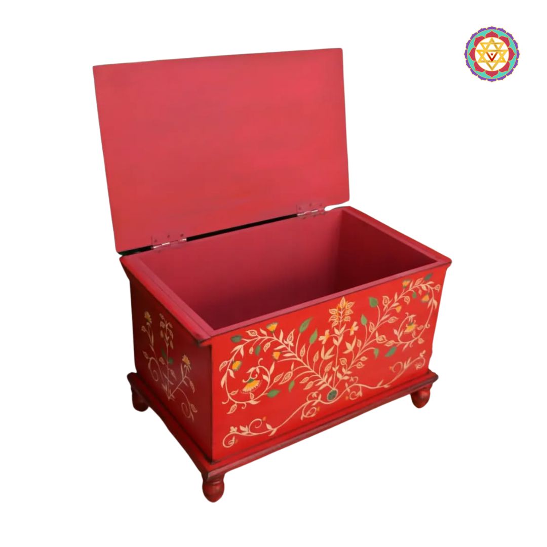 wooden storage trunk table shown in ethnic living room setup
