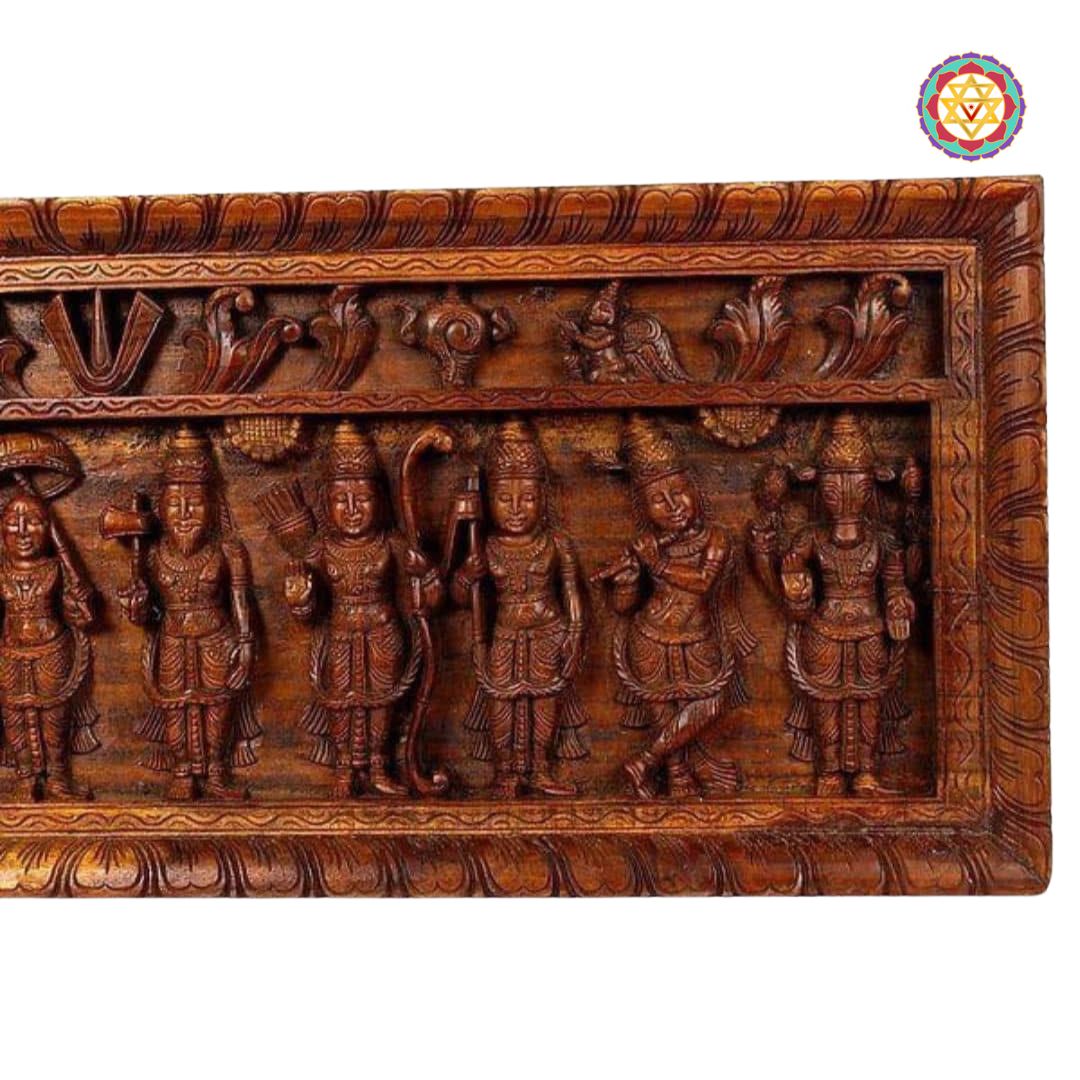 dasavtar panel close shot showcasing carved avatars and floral patterns