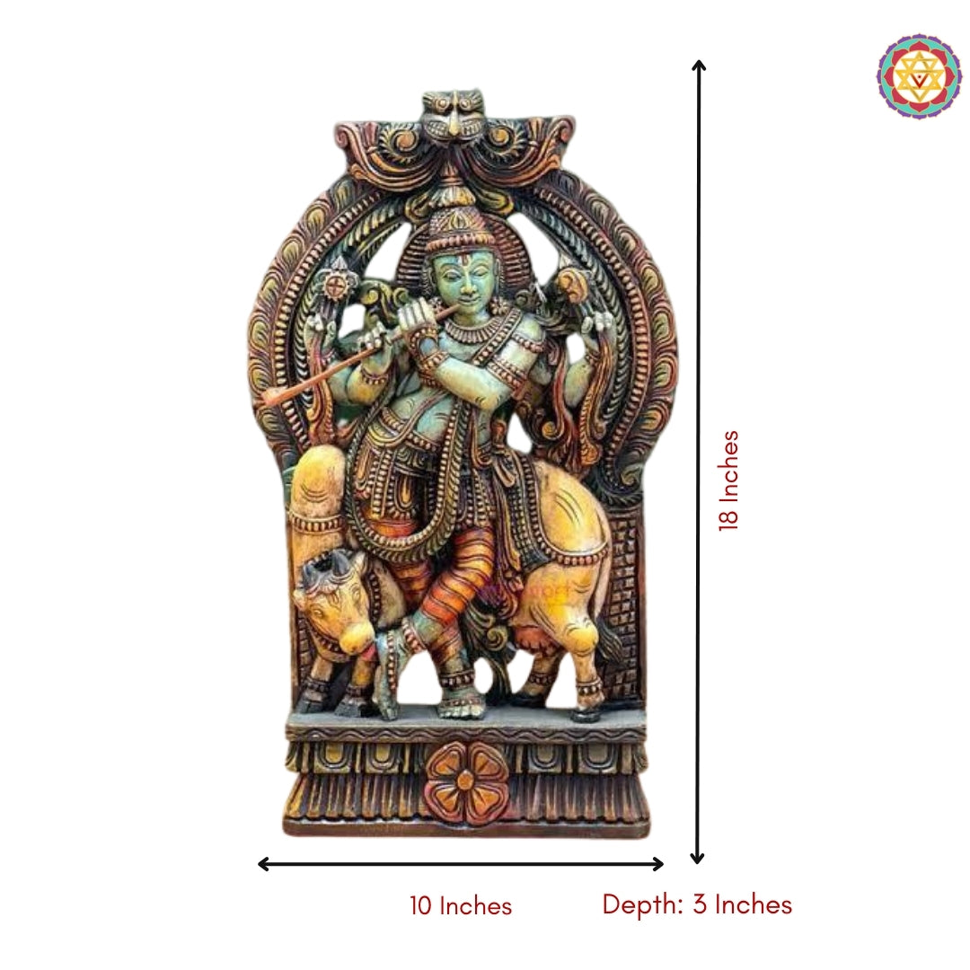 Wooden Hand Carved Lord Krishna Standing under  Cow Statue .Stand alone /wall hanging -Multicolour