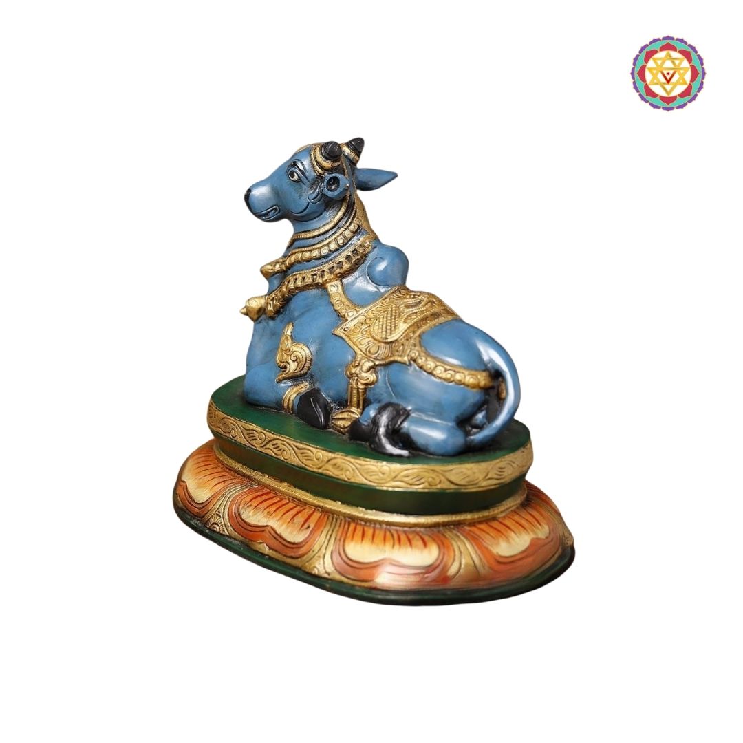 Mystic Blue Brass Nandi Idol – Sacred Guardian with Golden Accents (10”)