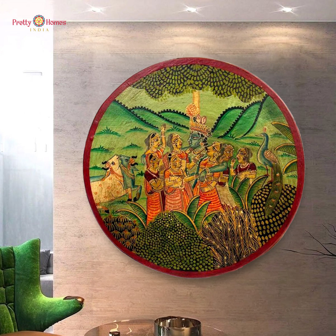 Side angle view of vintage Pichwai handpainted wall plate