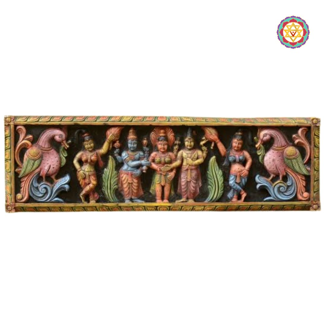 Lord Vishnu, Shiva and Parvati wedding scene carved in wood