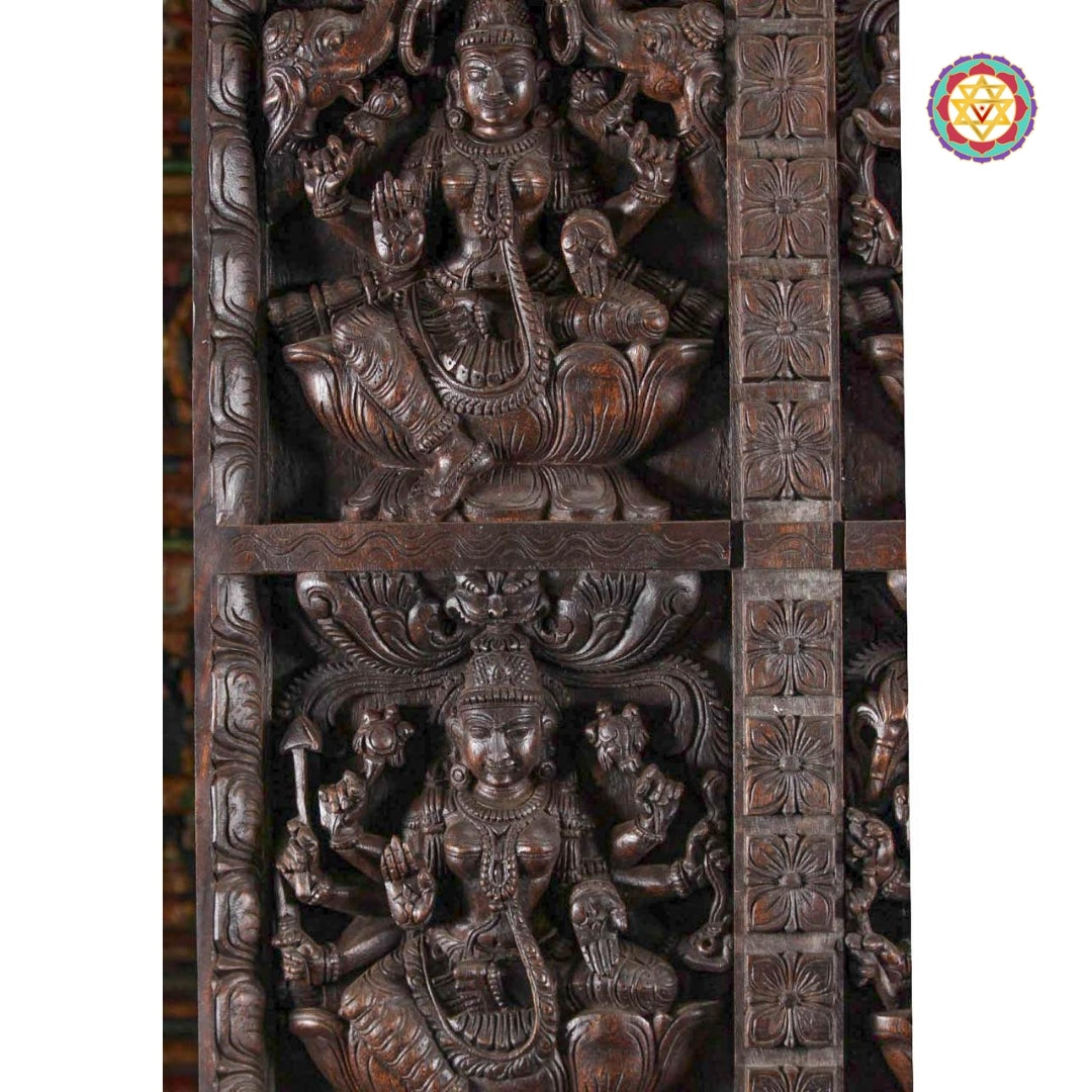 Multicolour neem wood panel with Vijaya Lakshmi carving (Victory & Success)