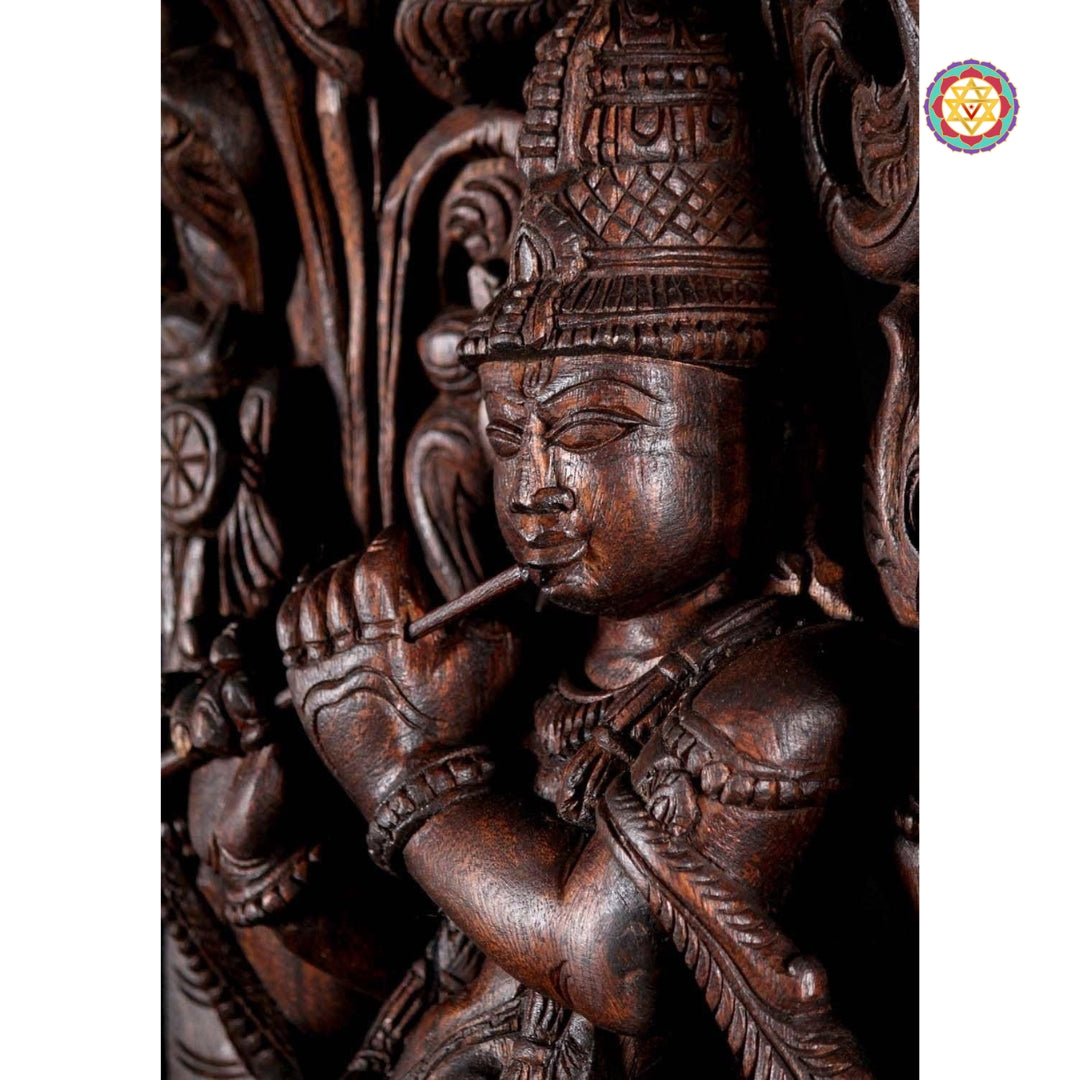 Traditional multicolour Krishna wooden wall art depicting divine serenity
