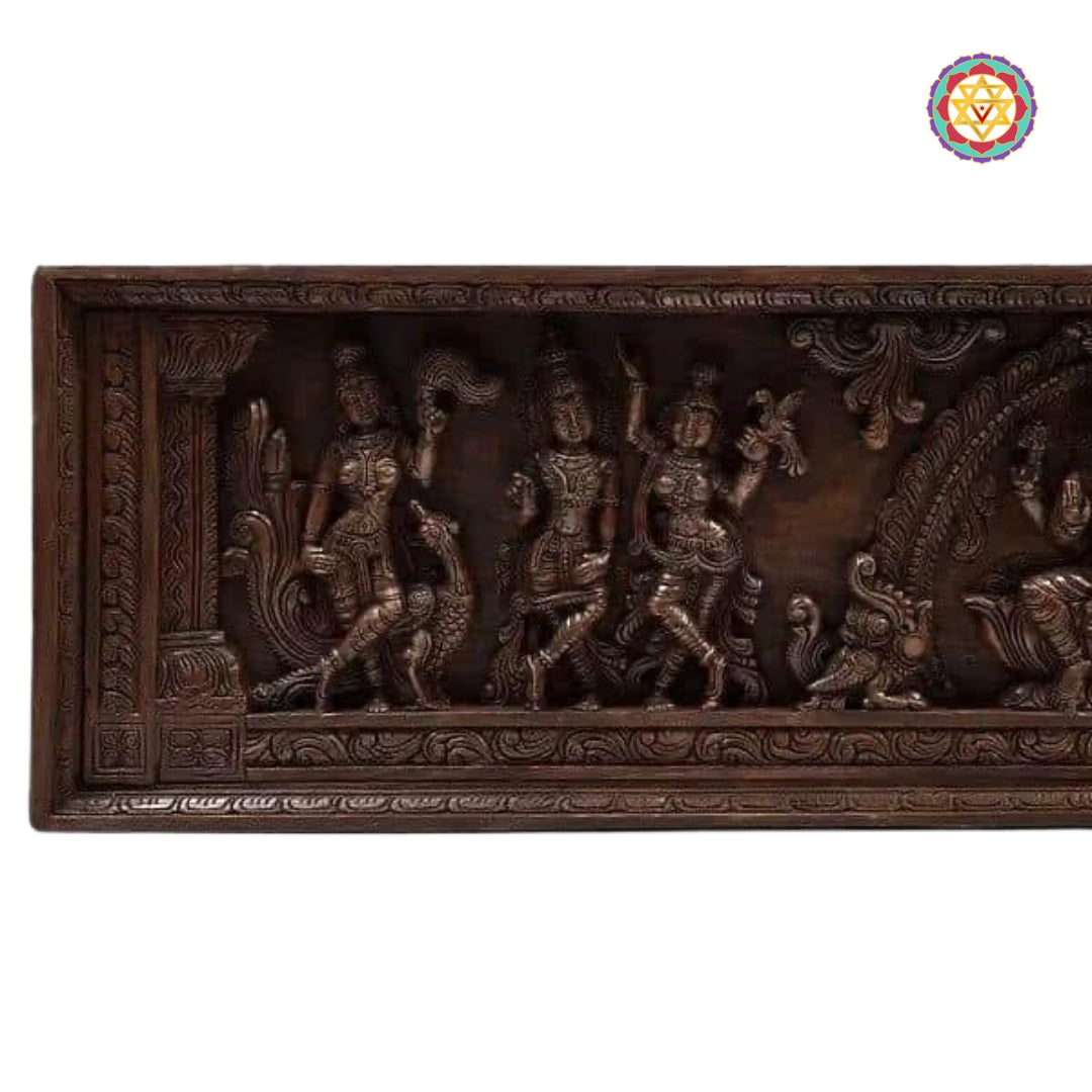 Krishna playing flute among floral vines and birds