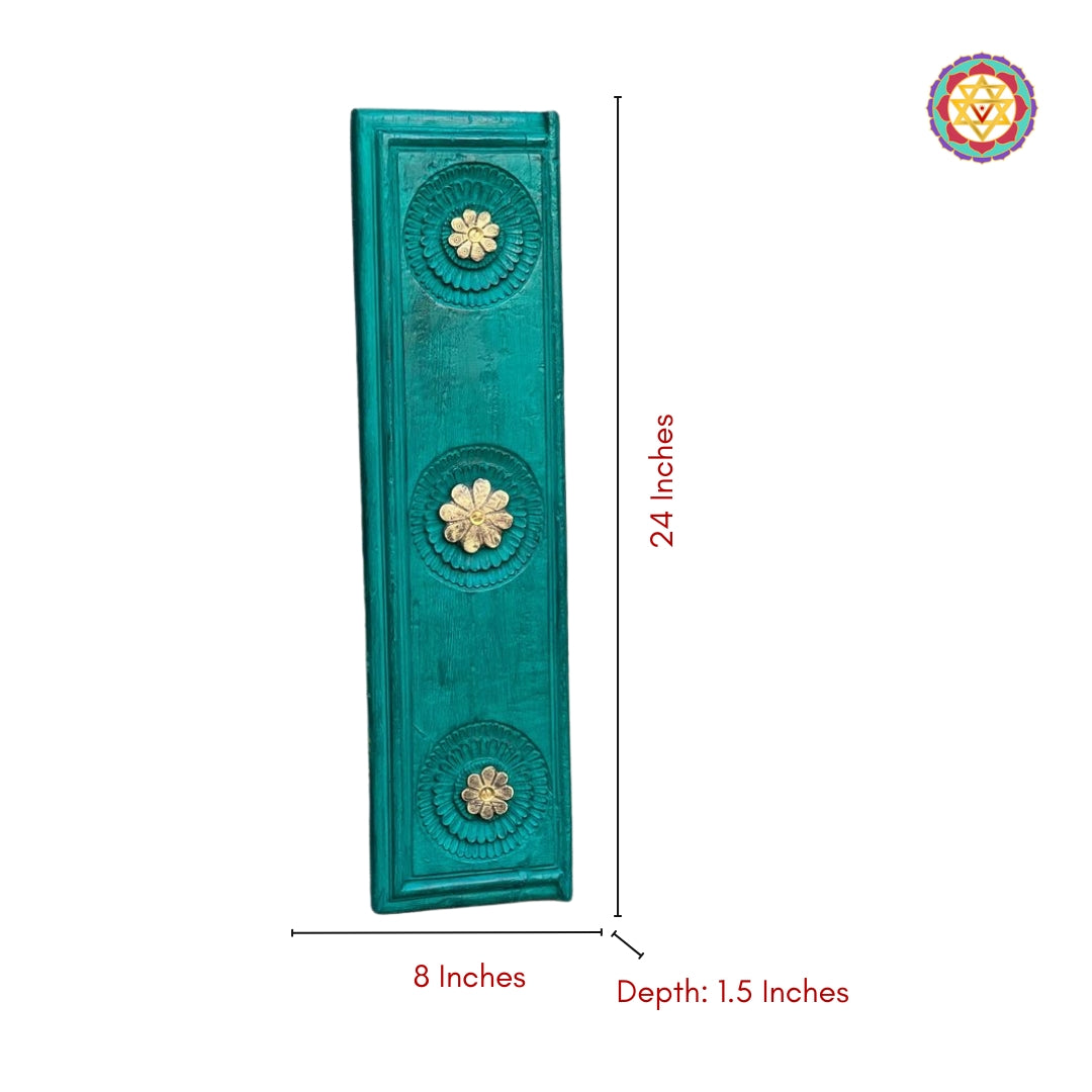 Dimensions view of green wooden wall panel with brass flowers
