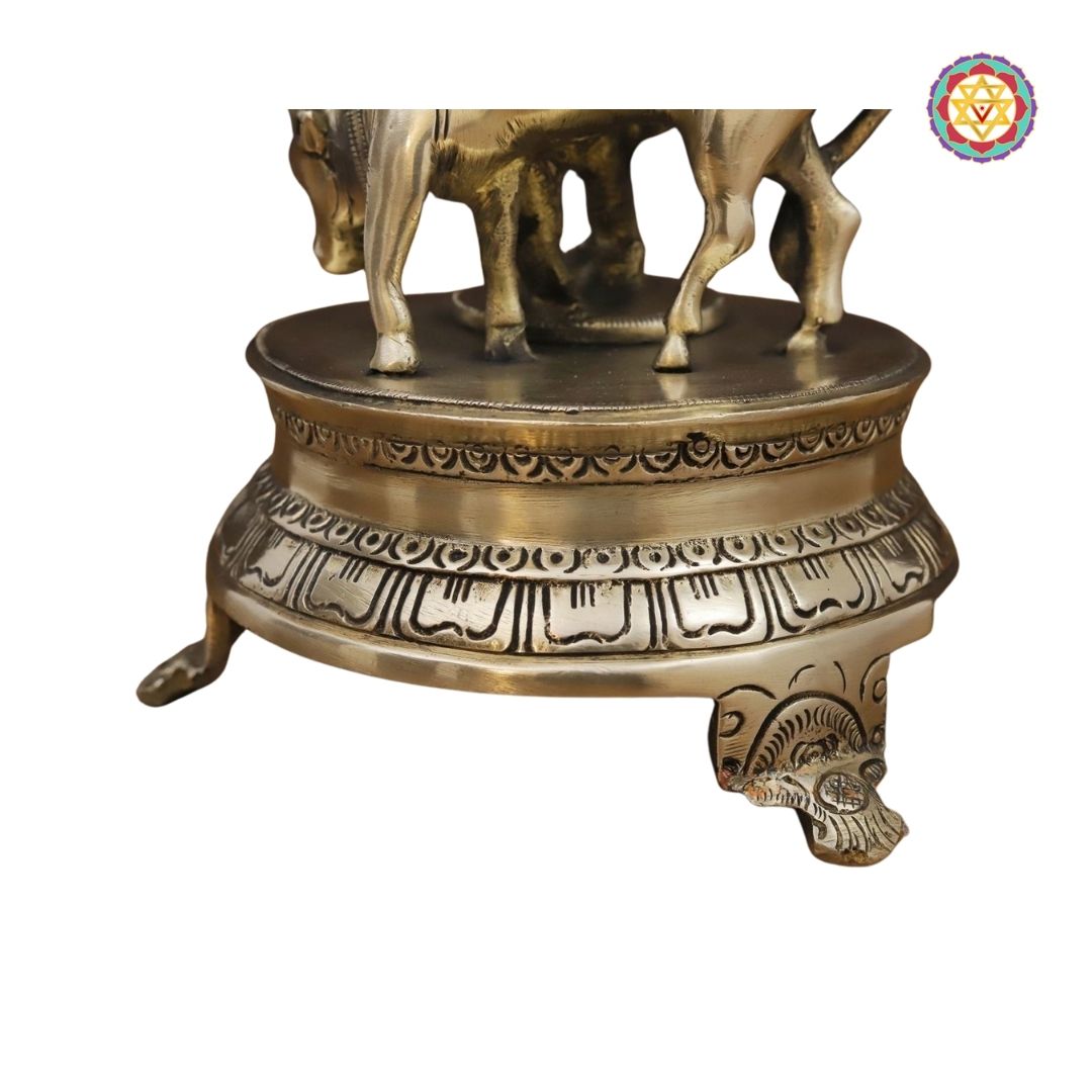 Brass Krishna Idol, Playing Flute Beside Cow, Golden Work, 11”