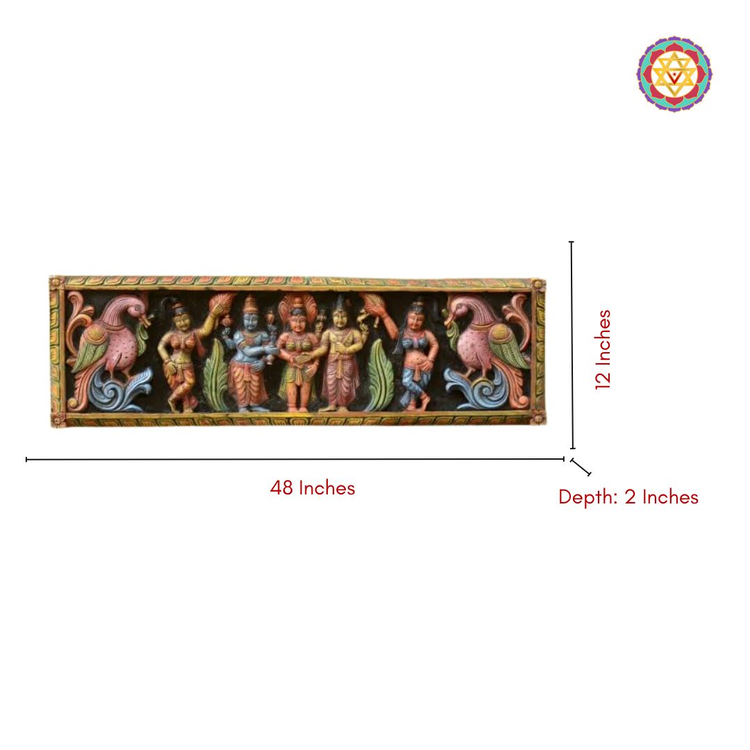 Side view of multicolour wooden marriage panel with rishis