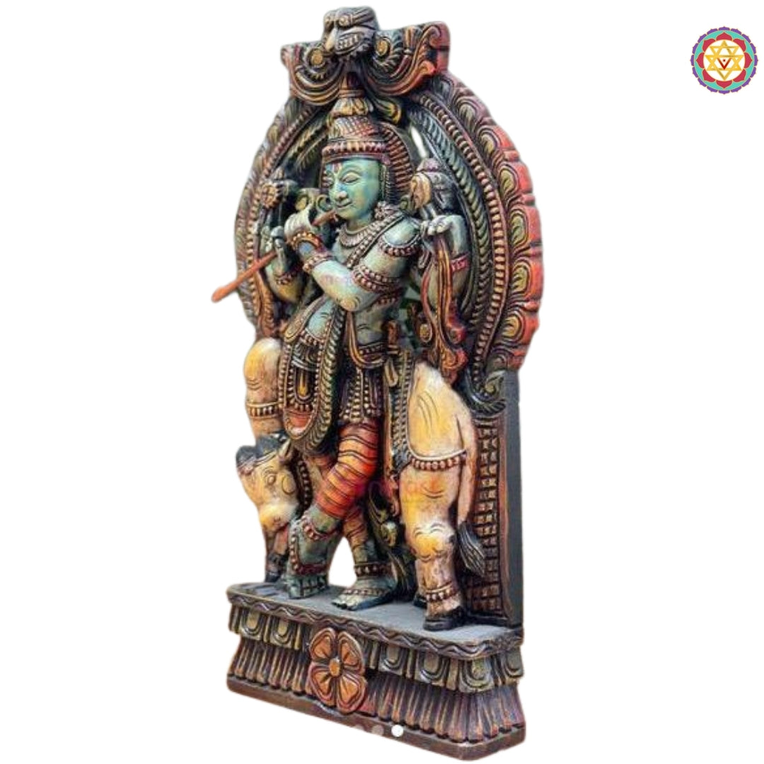 Wooden Hand Carved Lord Krishna Standing under  Cow Statue .Stand alone /wall hanging -Multicolour