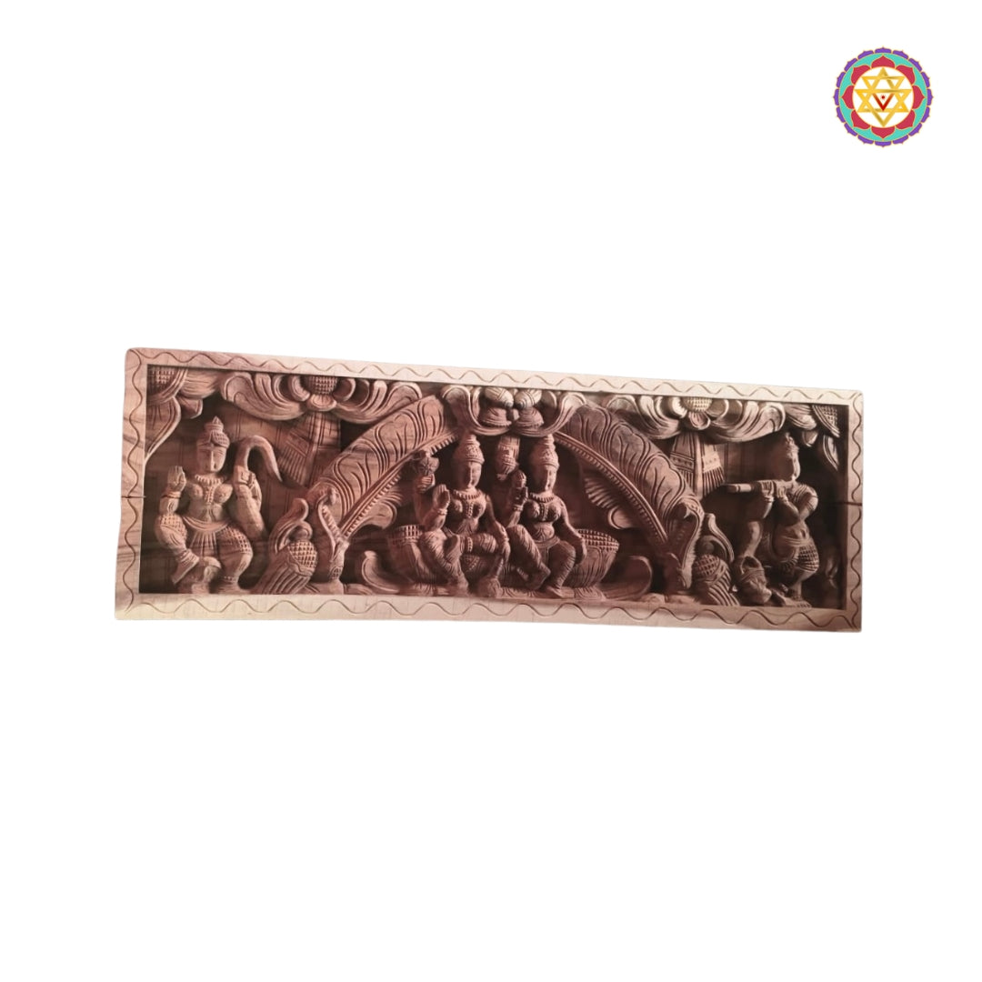 Traditional temple style wooden wall art featuring Vishnu Lakshmi Hanuman and Krishna