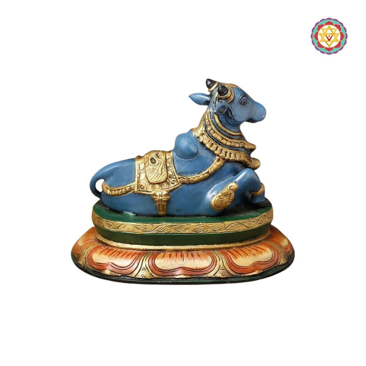 Mystic Blue Brass Nandi Idol – Sacred Guardian with Golden Accents (10”)