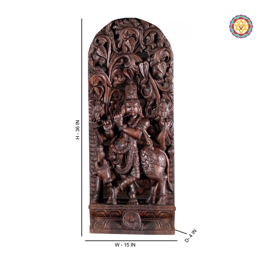 Wooden Hand Carved Lord Krishna Standing Under Canopy with Cow Statue