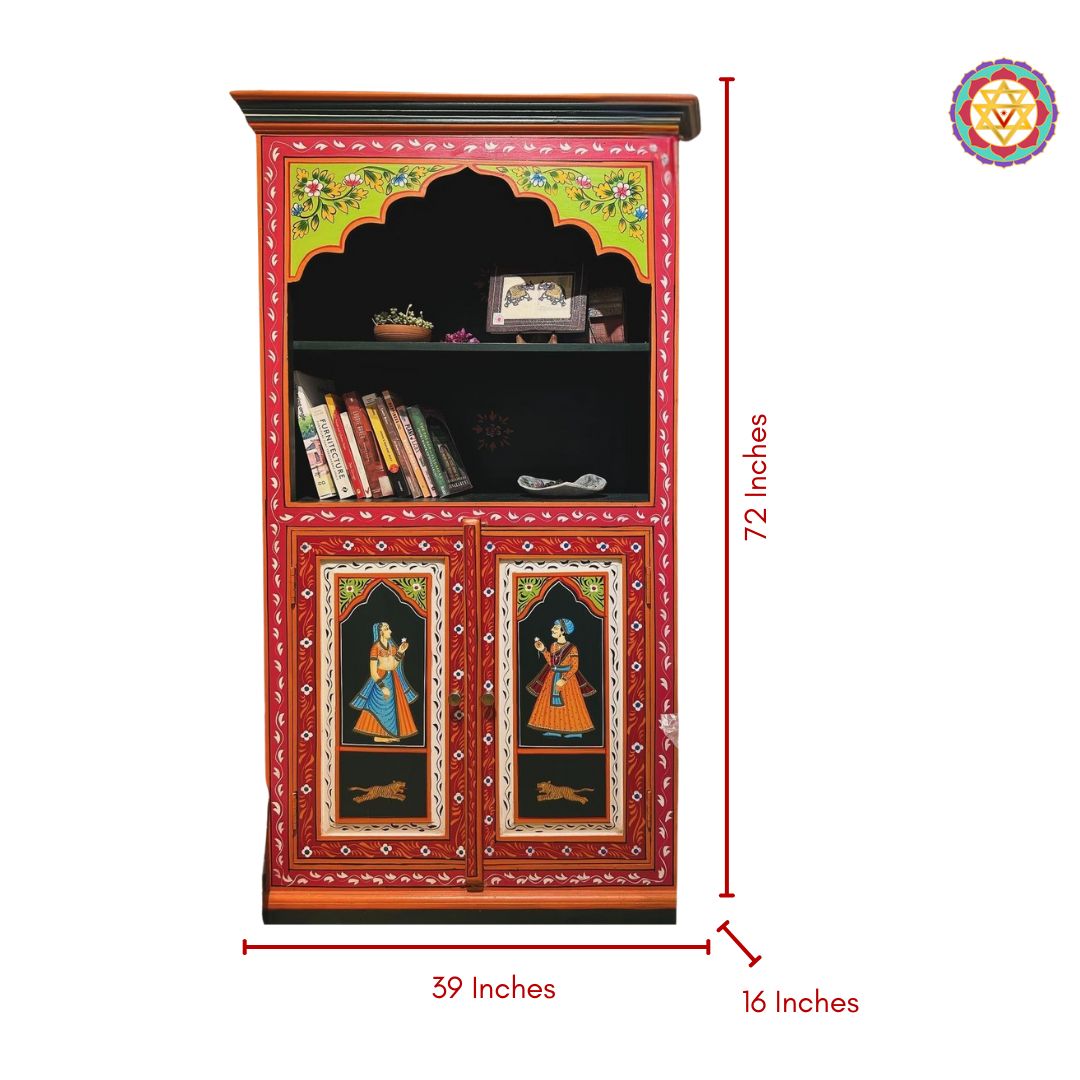 intricate hand-painted panels on tall wooden display cabinet