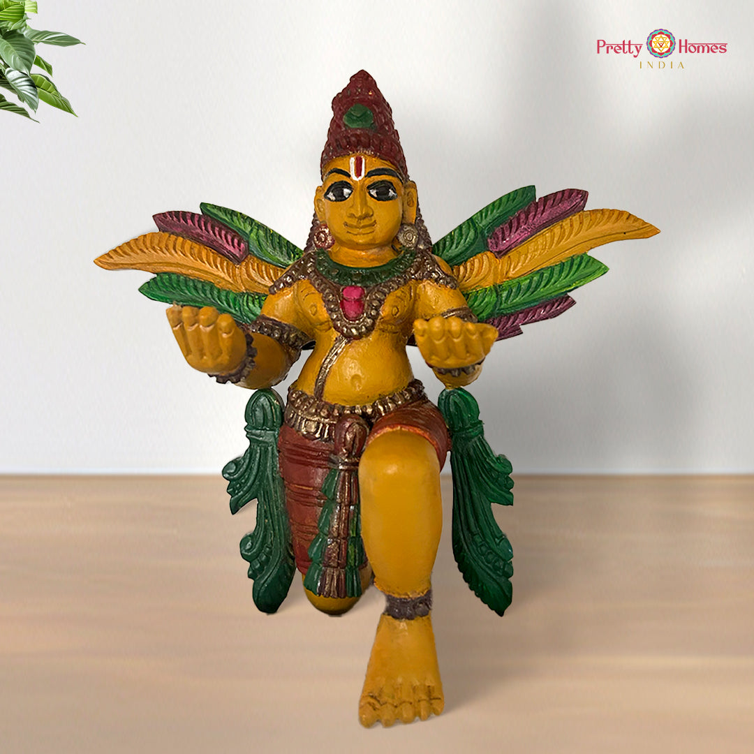 Hand-carved teak wood Garuda sculpture in meditation pose — antique gold brown finish, sacred Hindu bird deity statue for temple decor