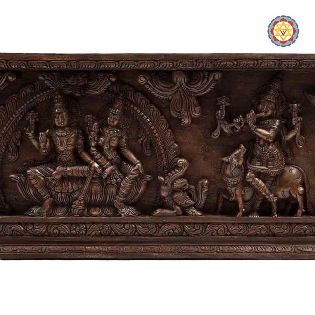 Full frontal panel of Venkateswara with consort in wooden polish