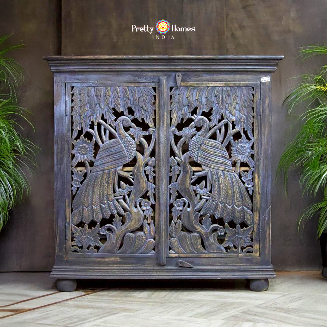Handcarved wood peacock design storage cabinet full view