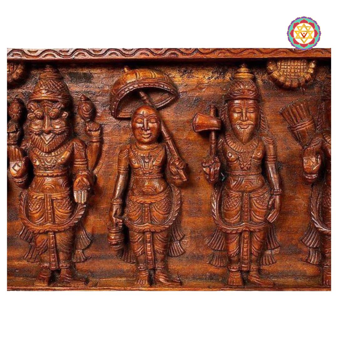 handcarved dasavtar panel detailed view of lotus elements and divine motifs