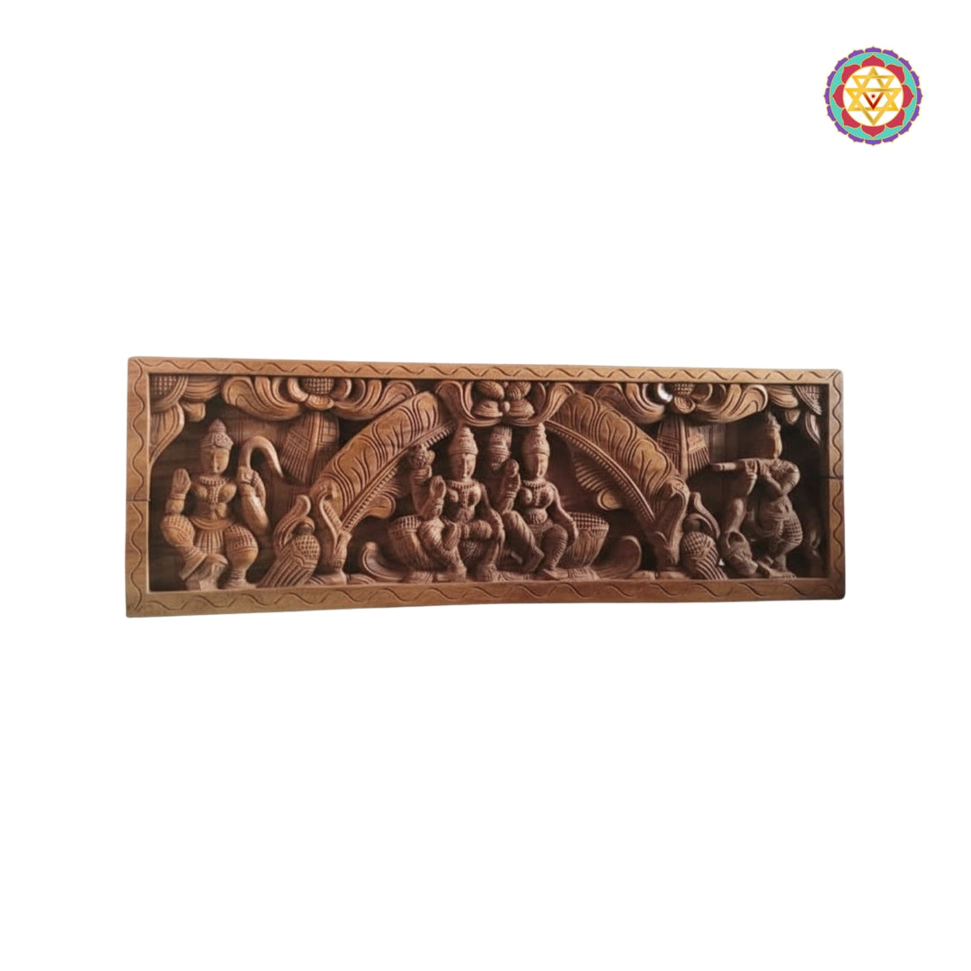 Handcrafted horizontal Hindu deity panel with Vishnu Lakshmi and detailed carvings