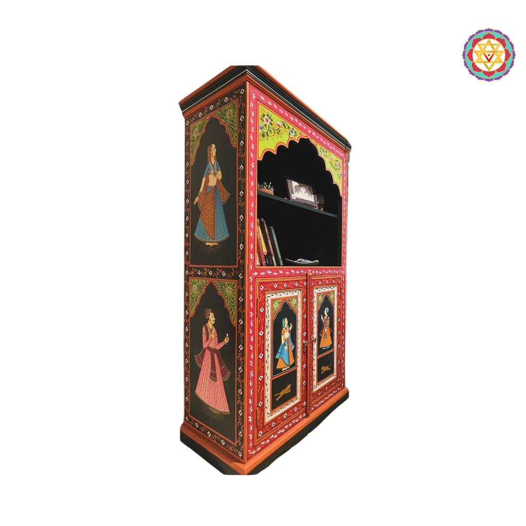 close-up of royal style paintings on wooden storage unit