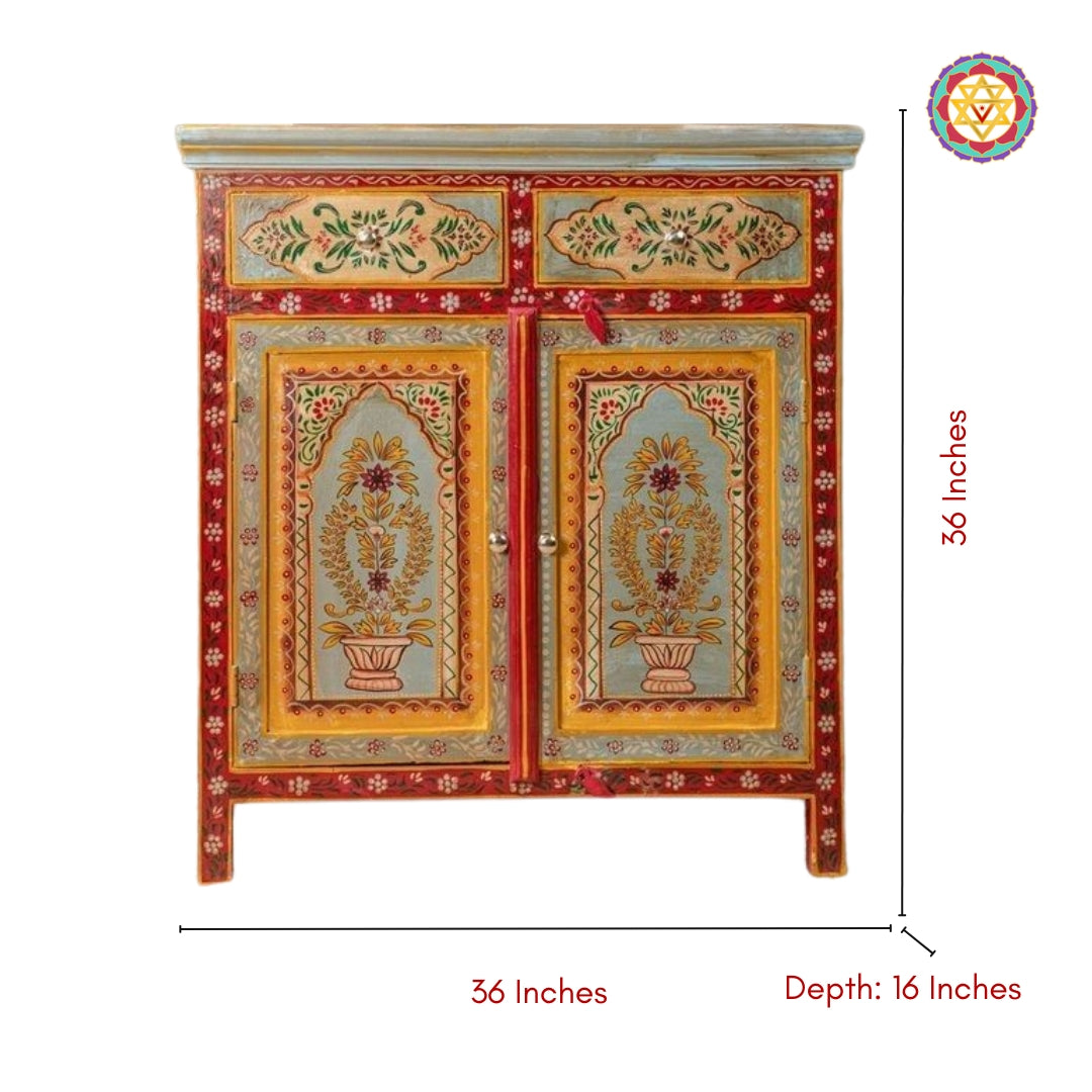 Full studio image of the hand-painted Pichwai sideboard cabinet.