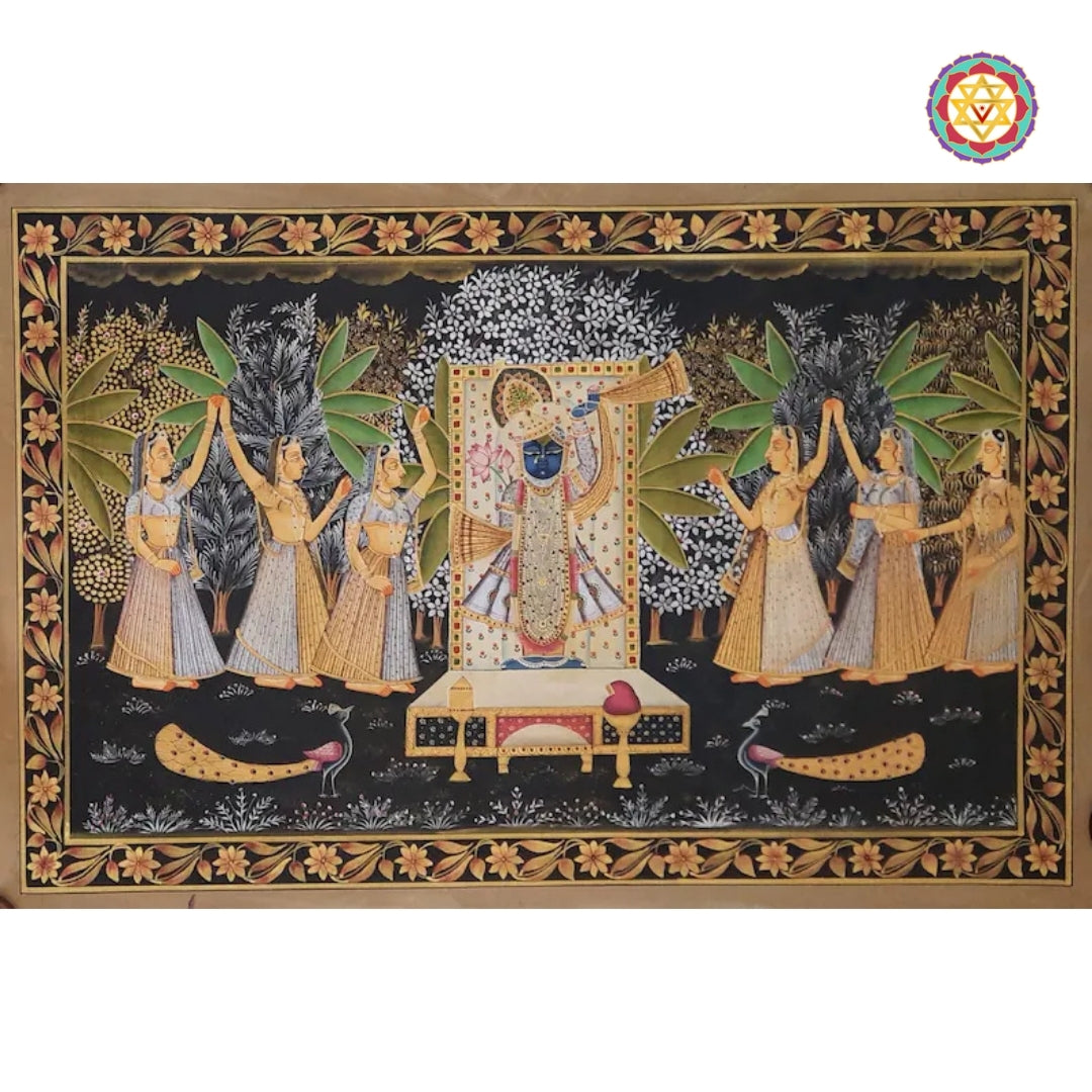 Pichwai wall art featuring Shrinathji and gopikas as part of a living space display.