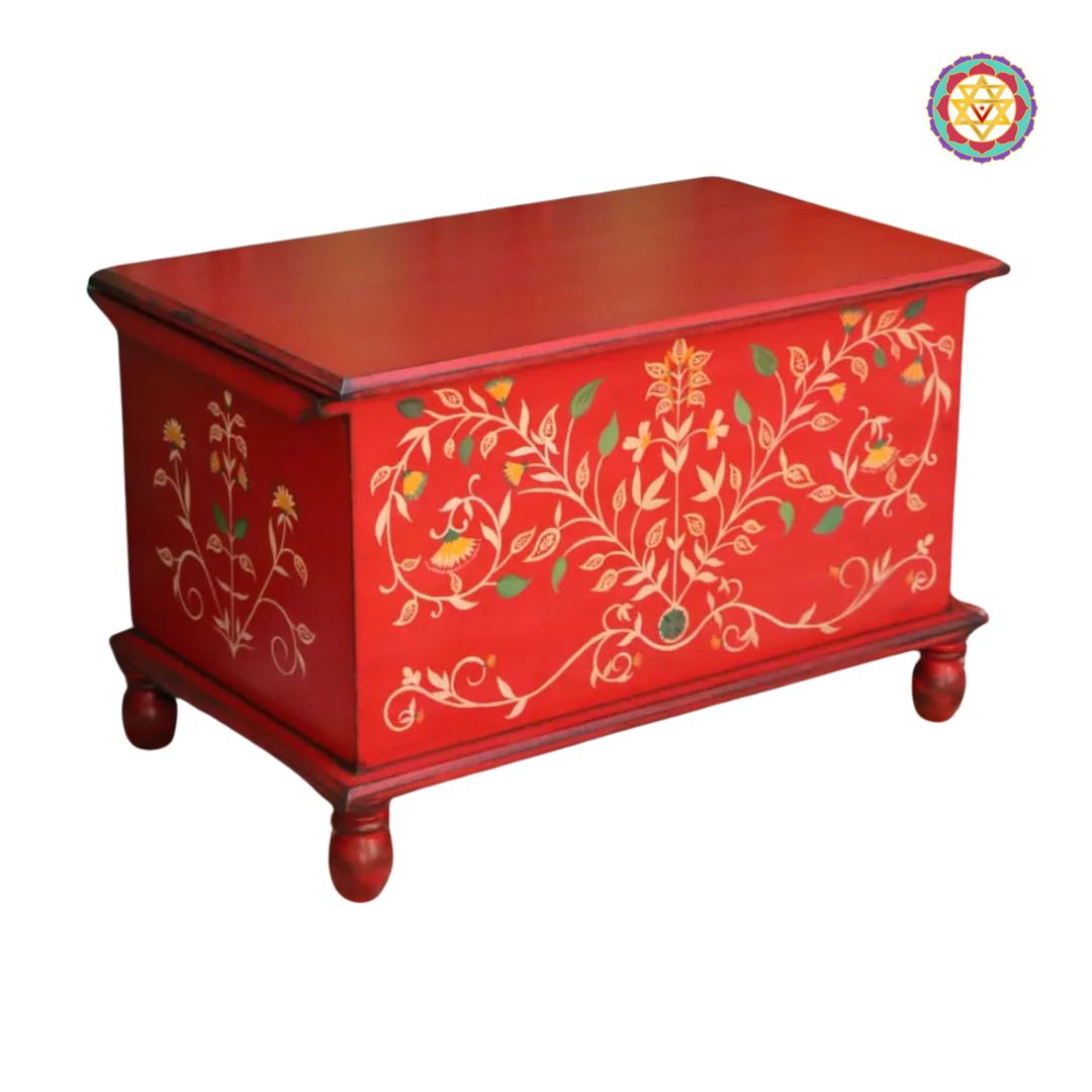 detailed view of handpainted motifs on solid wood storage trunk
