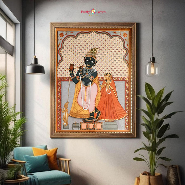 A beautifully hand-painted depiction of Radha and Lord Govind, celebrating divine love and spiritual harmony.