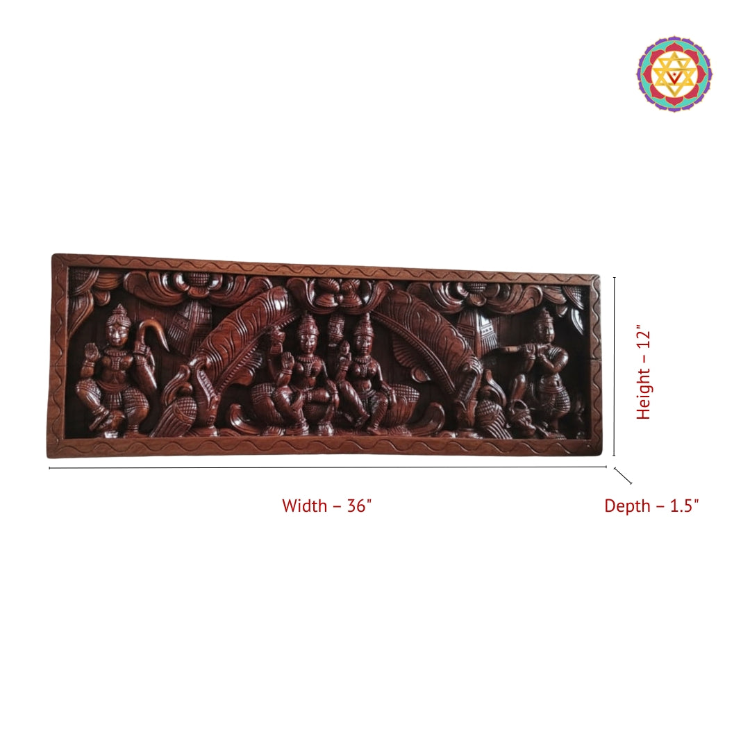 Premium wood carving wall decor showing Vishnu and Lakshmi flanked by Hanuman Krishna