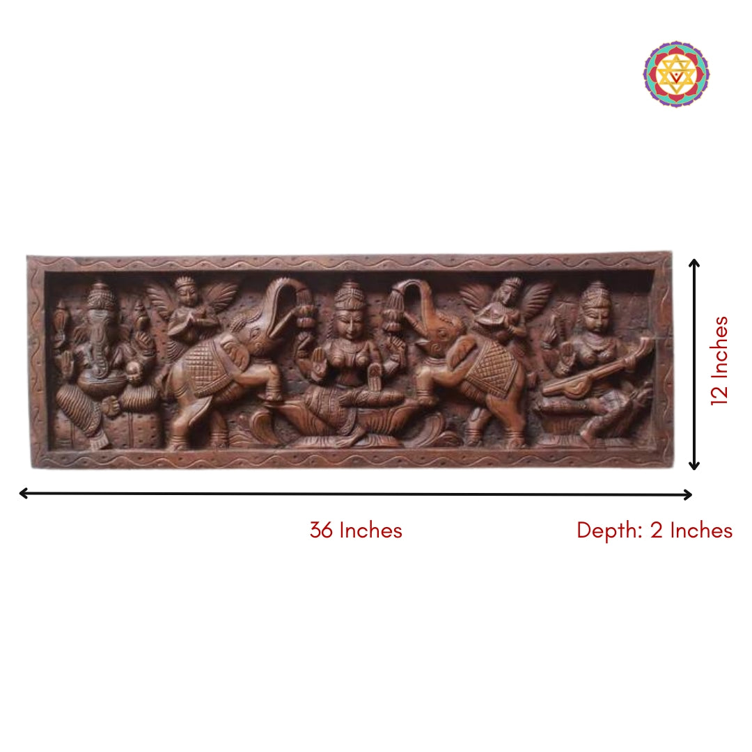 Wood carved ganesh gajalakshmi saraswati wall panel in polished finish with size and dimensions