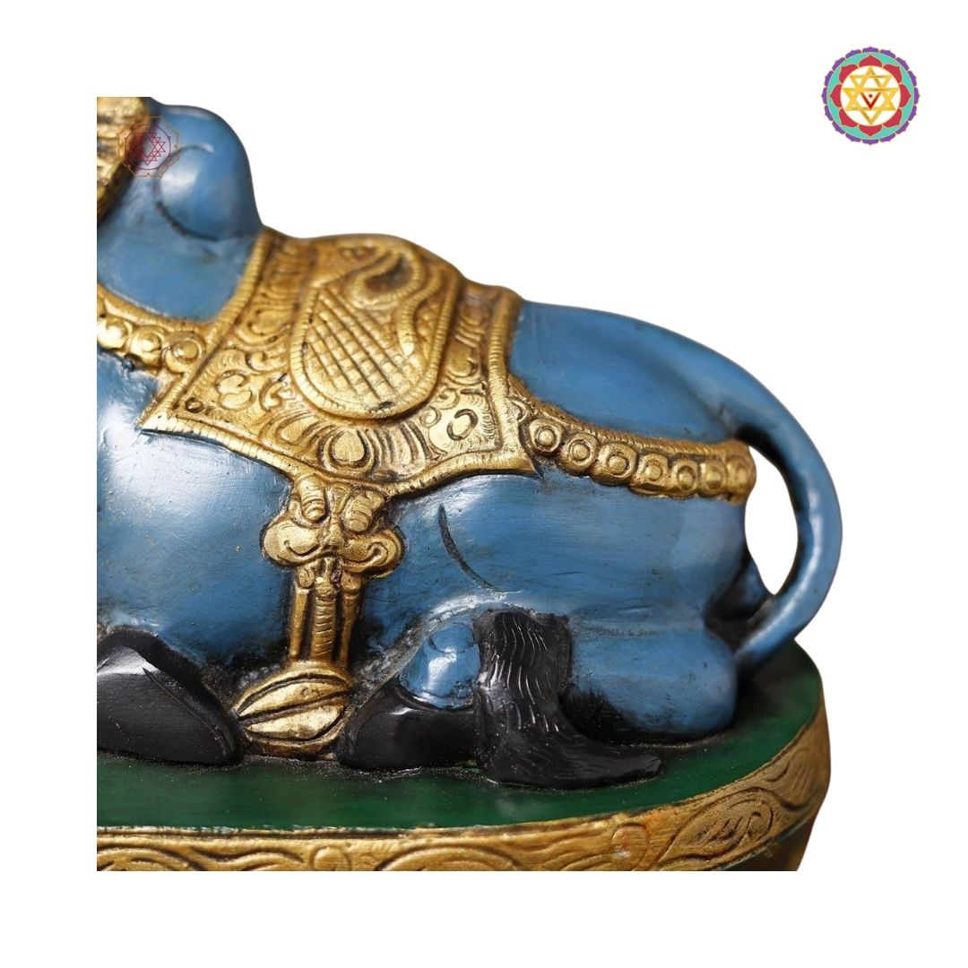 Mystic Blue Brass Nandi Idol – Sacred Guardian with Golden Accents (10”)