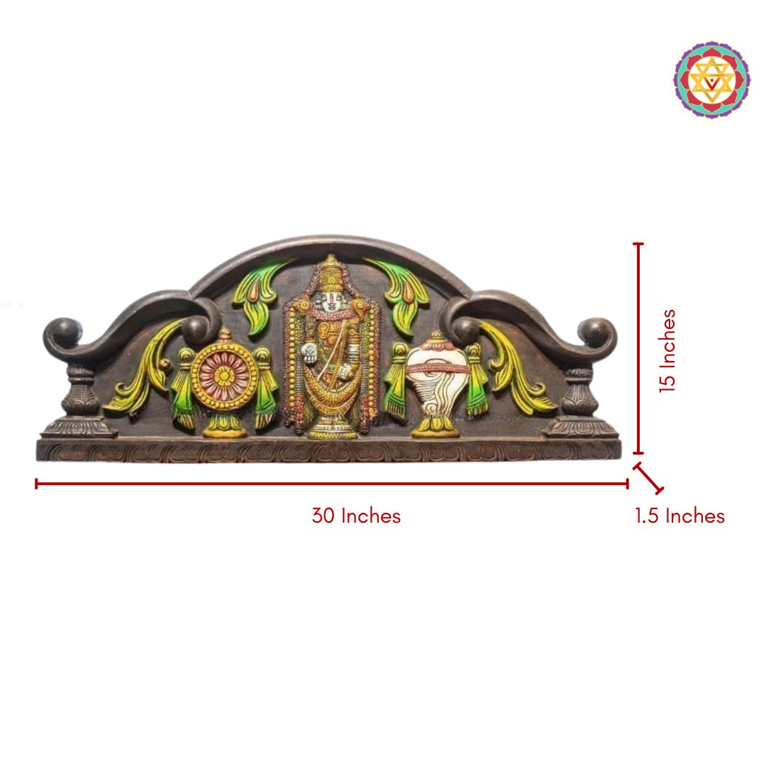 Decorative wall art with measurements on a white  background. Dimension image of 30" multicolour carved Tirupati Balaji wooden panel


