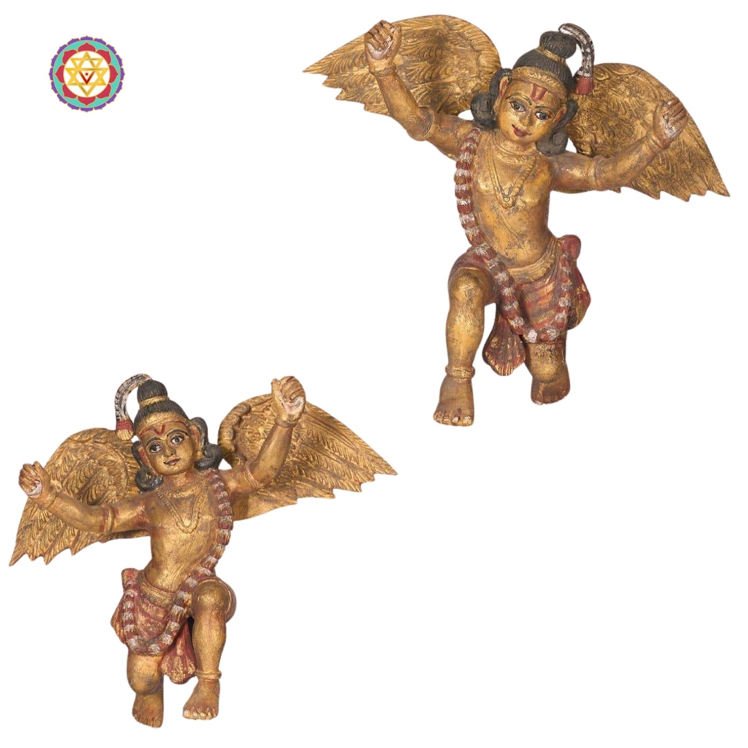 pair of woodcarved gandharva angel figures on table décor