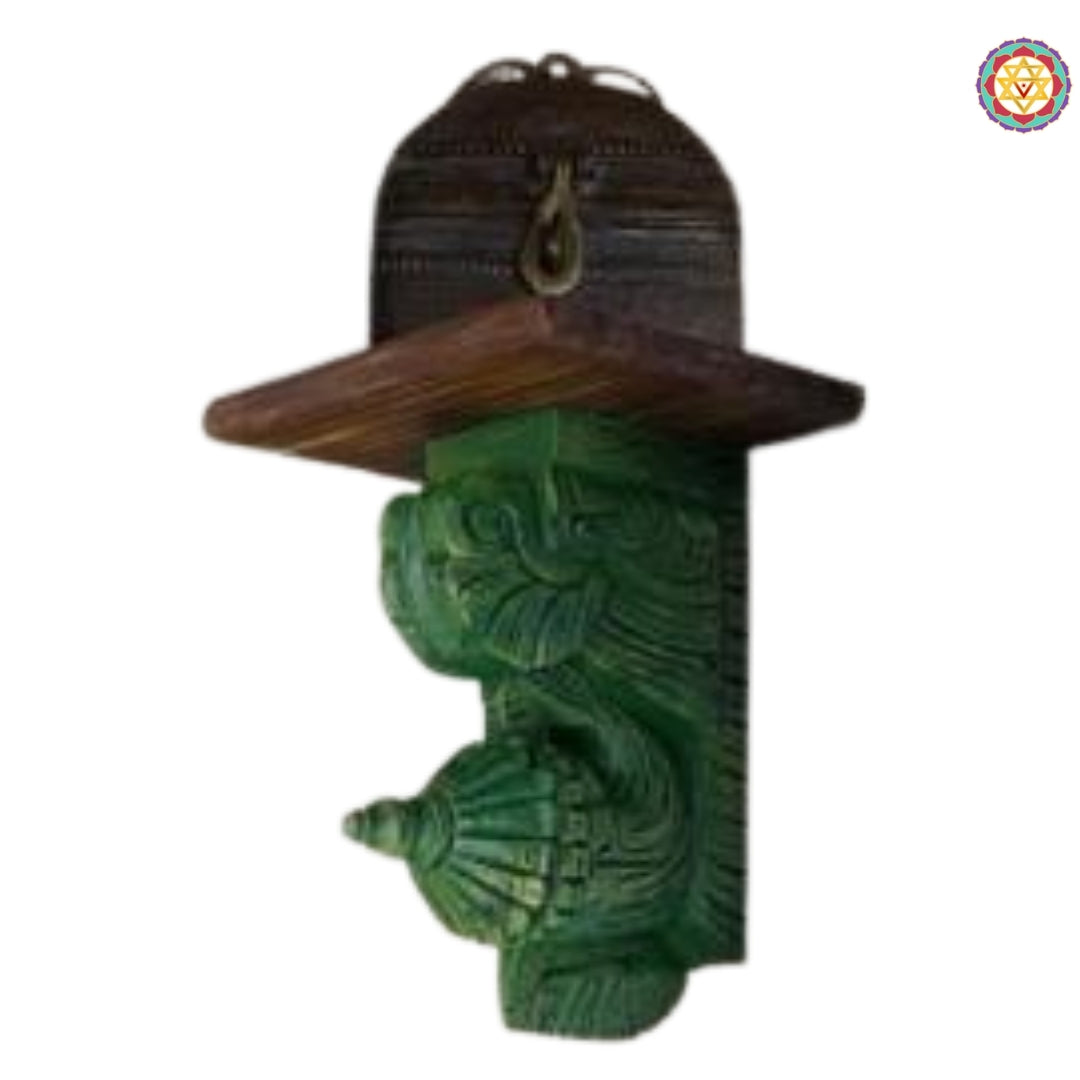 Close-up view of bodhil wall bracket with top shelf showing deep carvings and layered patterns