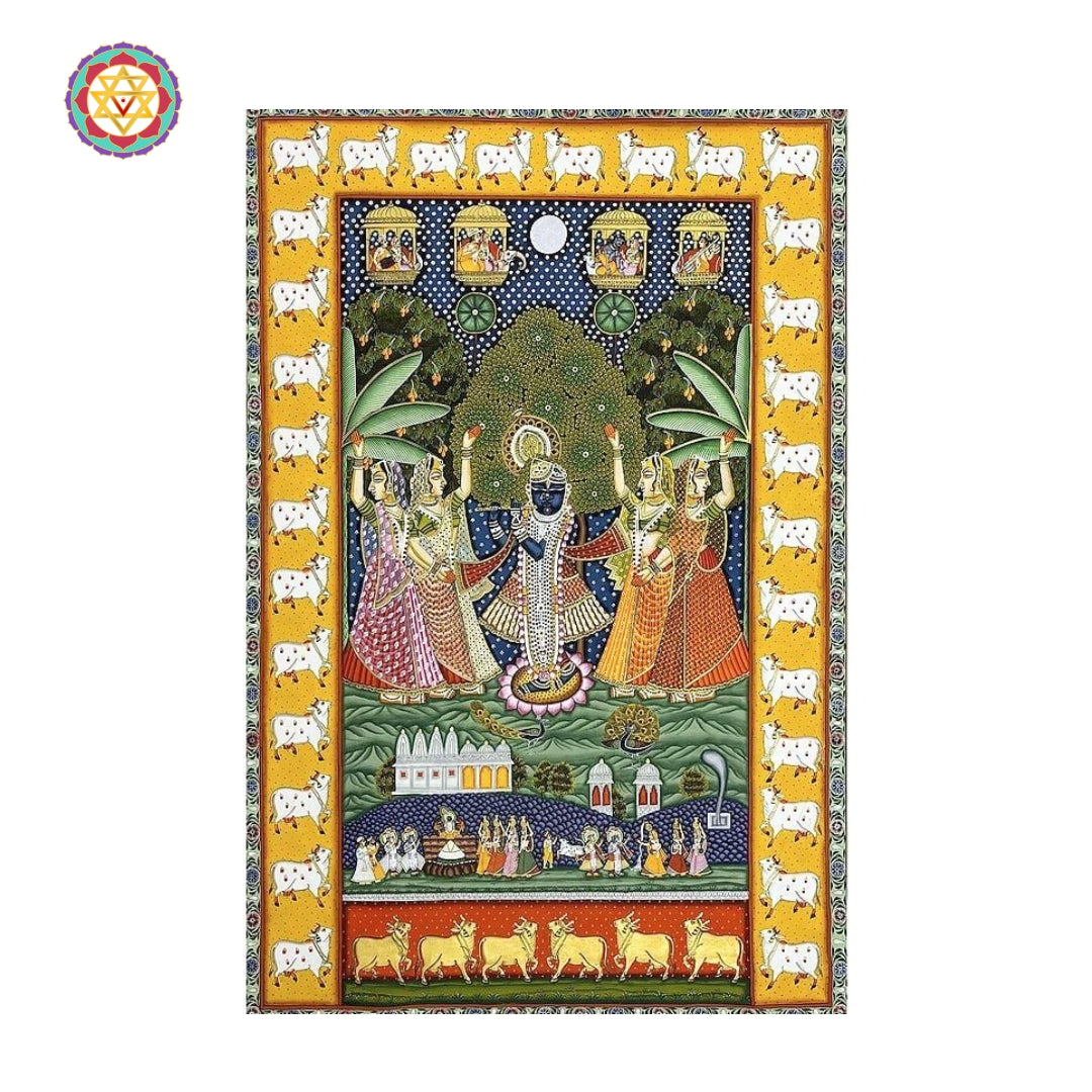 Detailed Pichwai devotional painting showing Krishna’s childhood stories with cows and flora