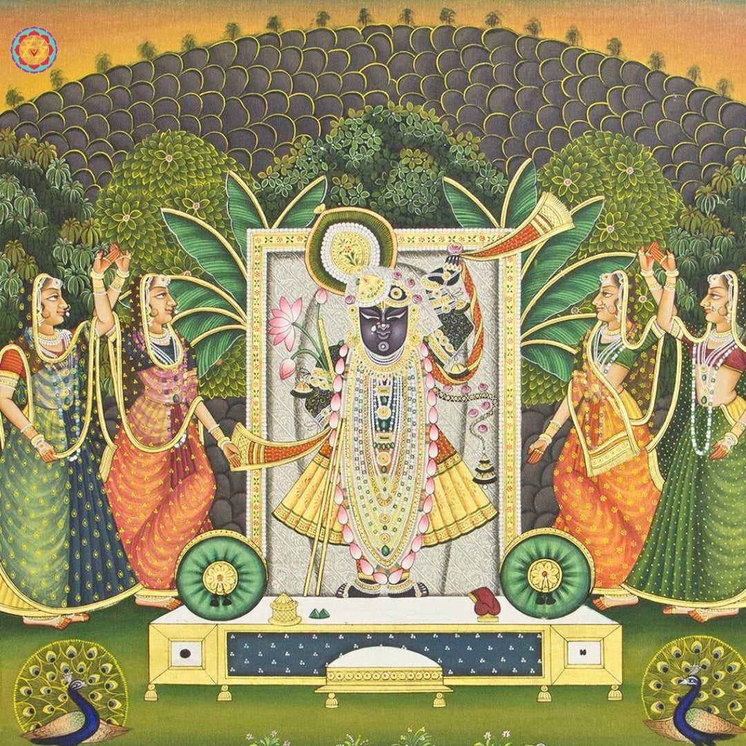 Ornate Pichwai artwork illustrating Krishna’s divine playful scenes in colorful detail