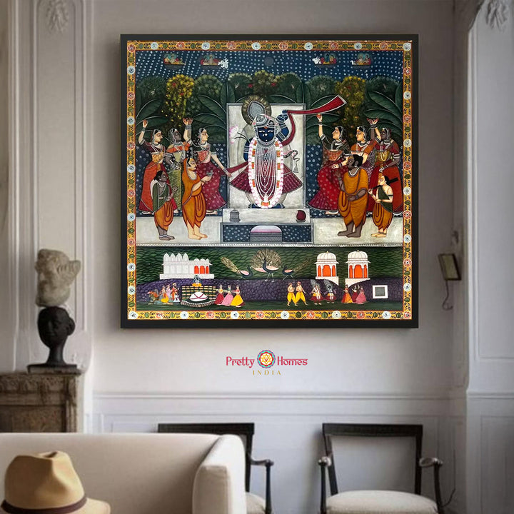 Handpainted pichwai -Sharad Poornima Raas – Shrinathji with Gopikas