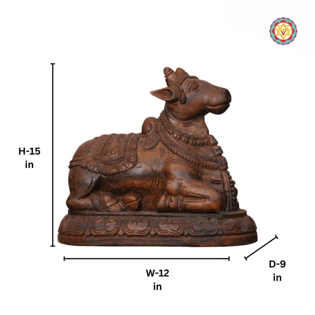 Wooden Nandi figurine with intricate detailing and vintage polish