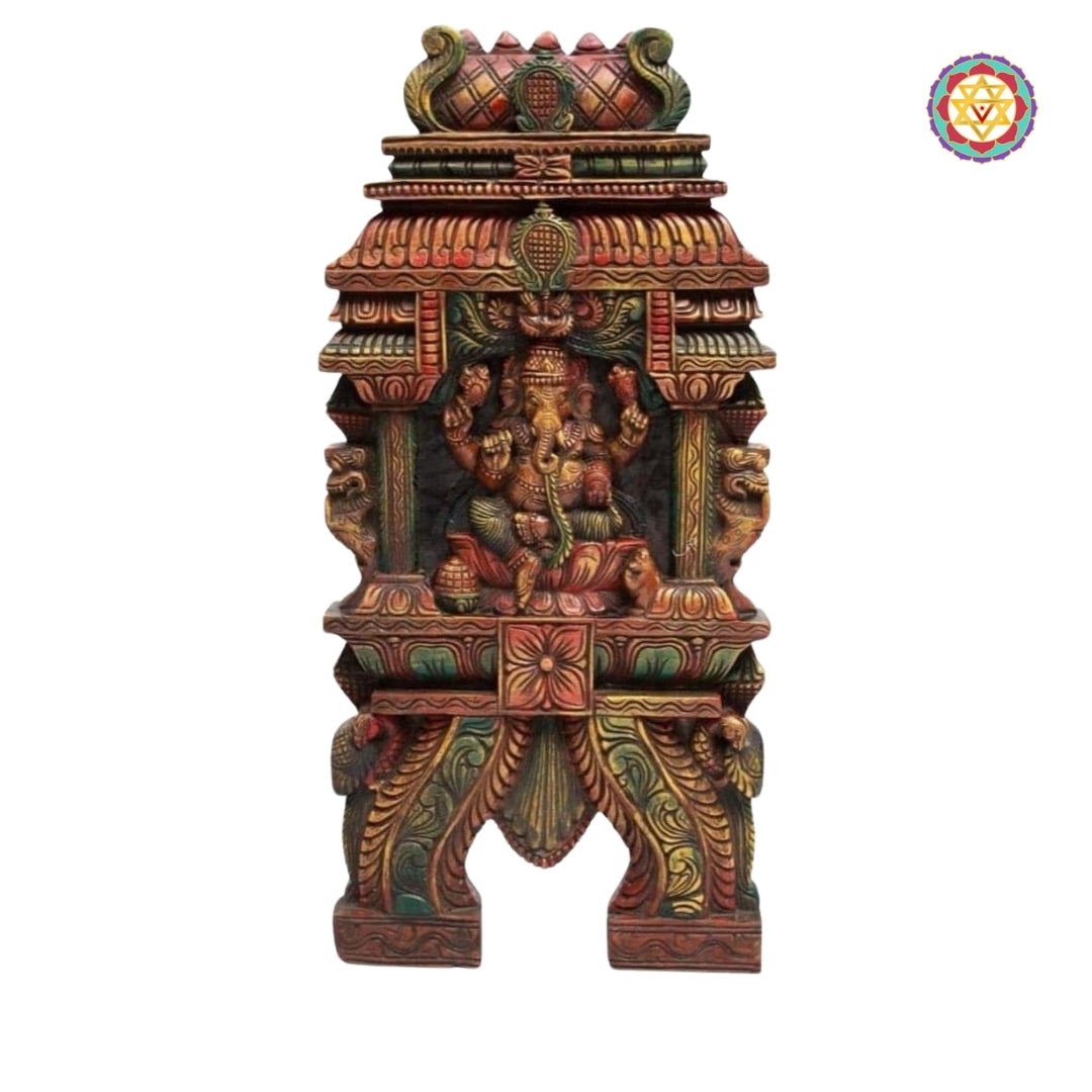temple gopuram design kavadi panel with yali and peacock carvings