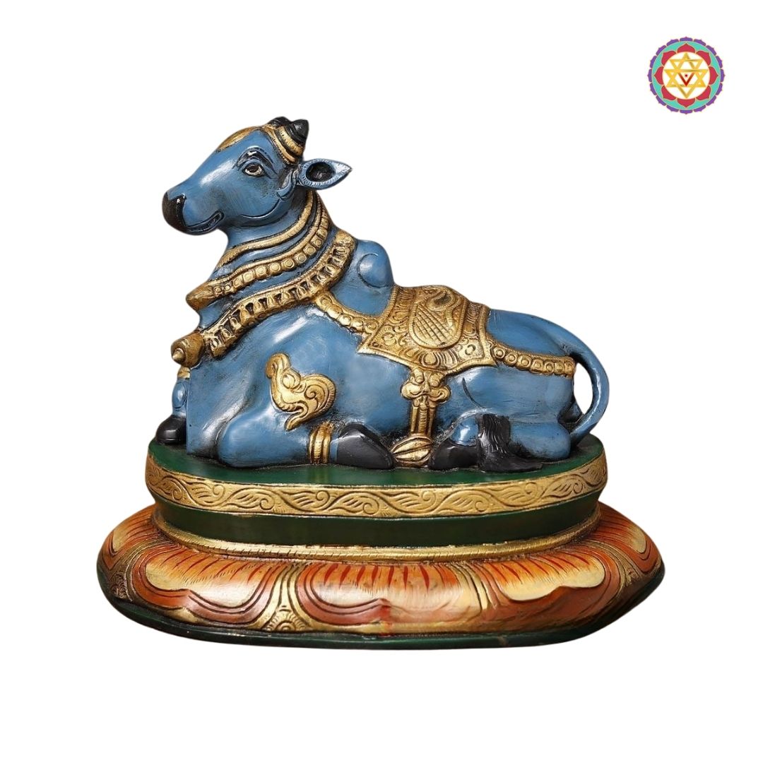 Mystic Blue Brass Nandi Idol – Sacred Guardian with Golden Accents (10”)